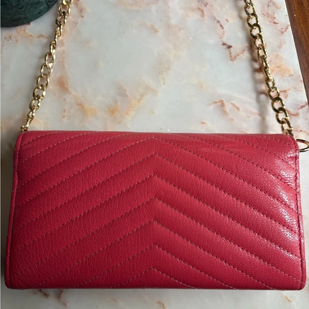 Chanel Pink and Gold Quilted Chevron Wallet with Added Chain